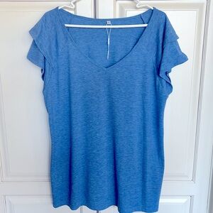 Blue v-neck tee. Heathered,  new with partial tags. Ruffled sleeves. XL